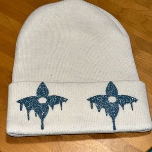 White Beanie with Blue Glitter Design